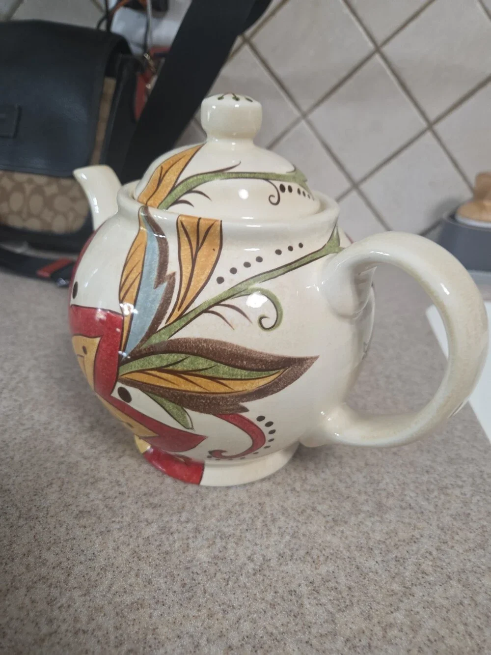 Pier 1 Imports Ceramic Teapot Floral Red Yellow Green Used